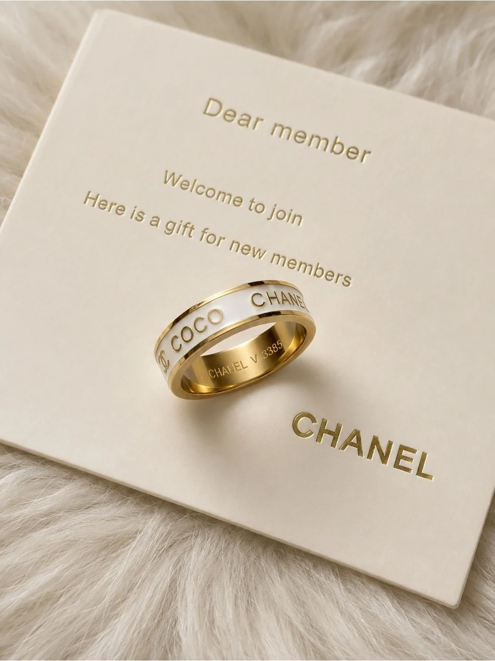 CHANEL White and Gold COCO Logo Ring